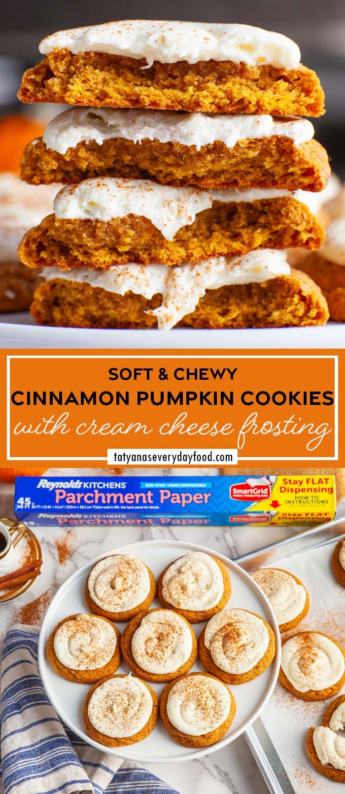 A pinnable, closeup image of frosted cookies, with text overlay - 'Soft & Chewy Cinnamon Pumpkin Cookies with cream cheese frosting'