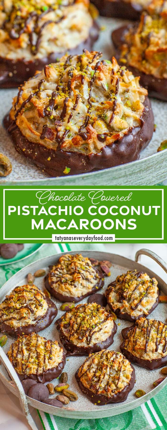A pinnable, closeup image of coconut macarons, with text overlay - 'Chocolate Covered Pistachio Coconut Macaroons'