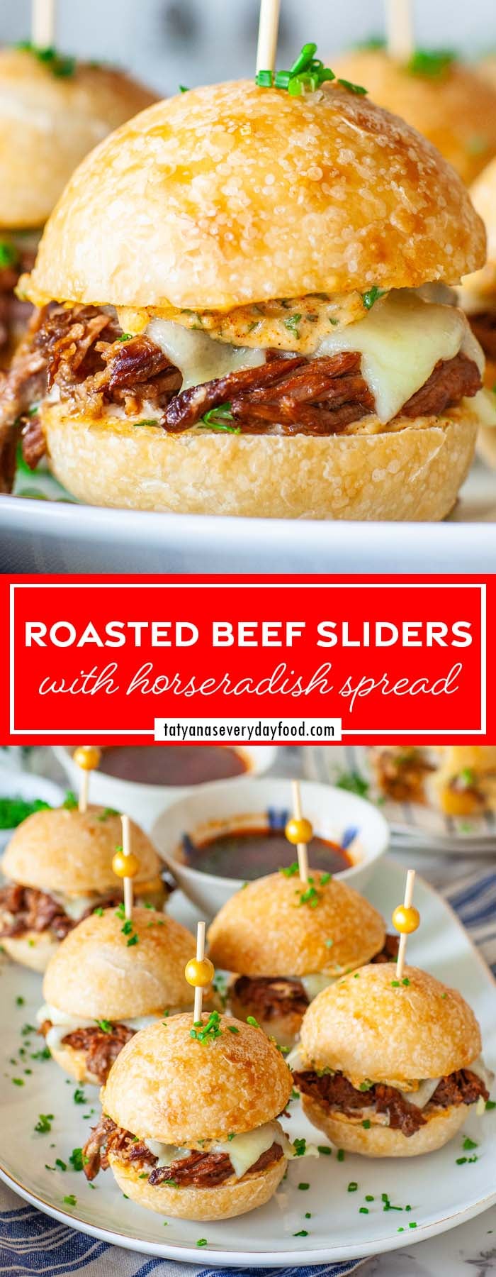 A pinnable image of beef sliders, with text overlay - 'Roasted Beef Sliders with horseradish spread'