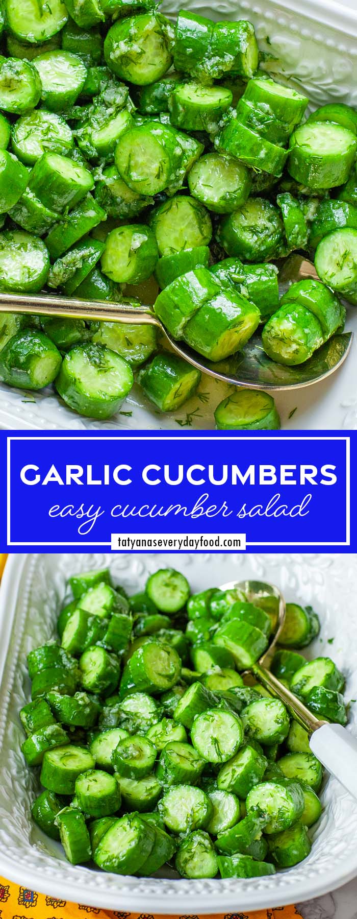 A pinnable, closeup image of cucumber salad, with text overlay - 'Garlic Cucumbers easy cucumber salad'