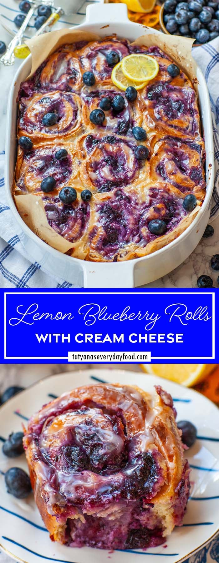 A pinnable image of blueberry rolls, with text overlay - 'Lemon Blueberry Rolls with Cream Cheese'