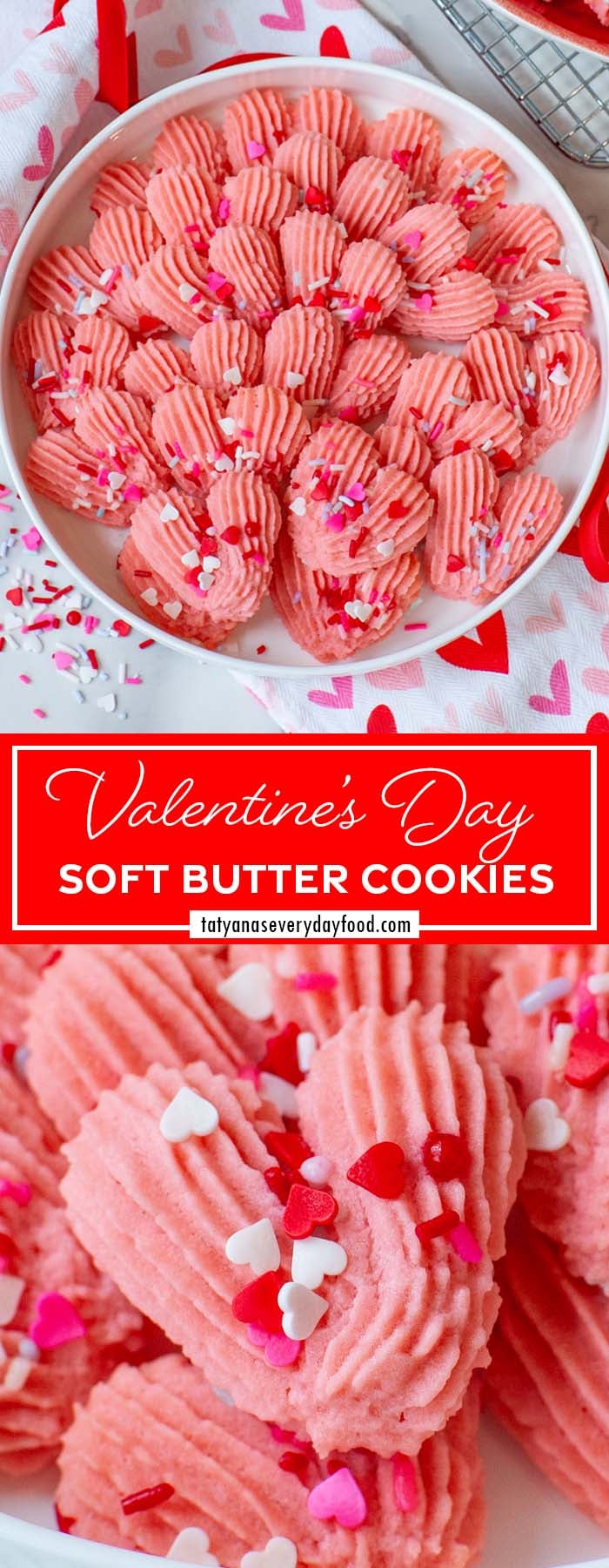 A pinnable image of heart-shaped cookies with sprinkles, with text overlay - 'Valentine's Day Soft Butter Cookies'