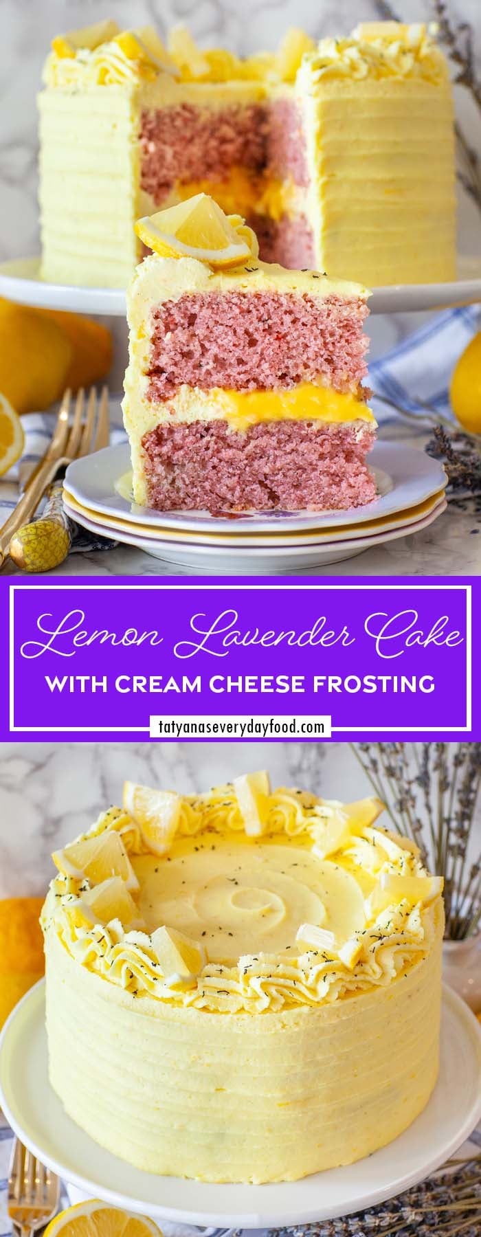 A pinnable, closeup image of a slice of cake, with text overlay - 'Lemon Lavender Cake with cream cheese frosting'